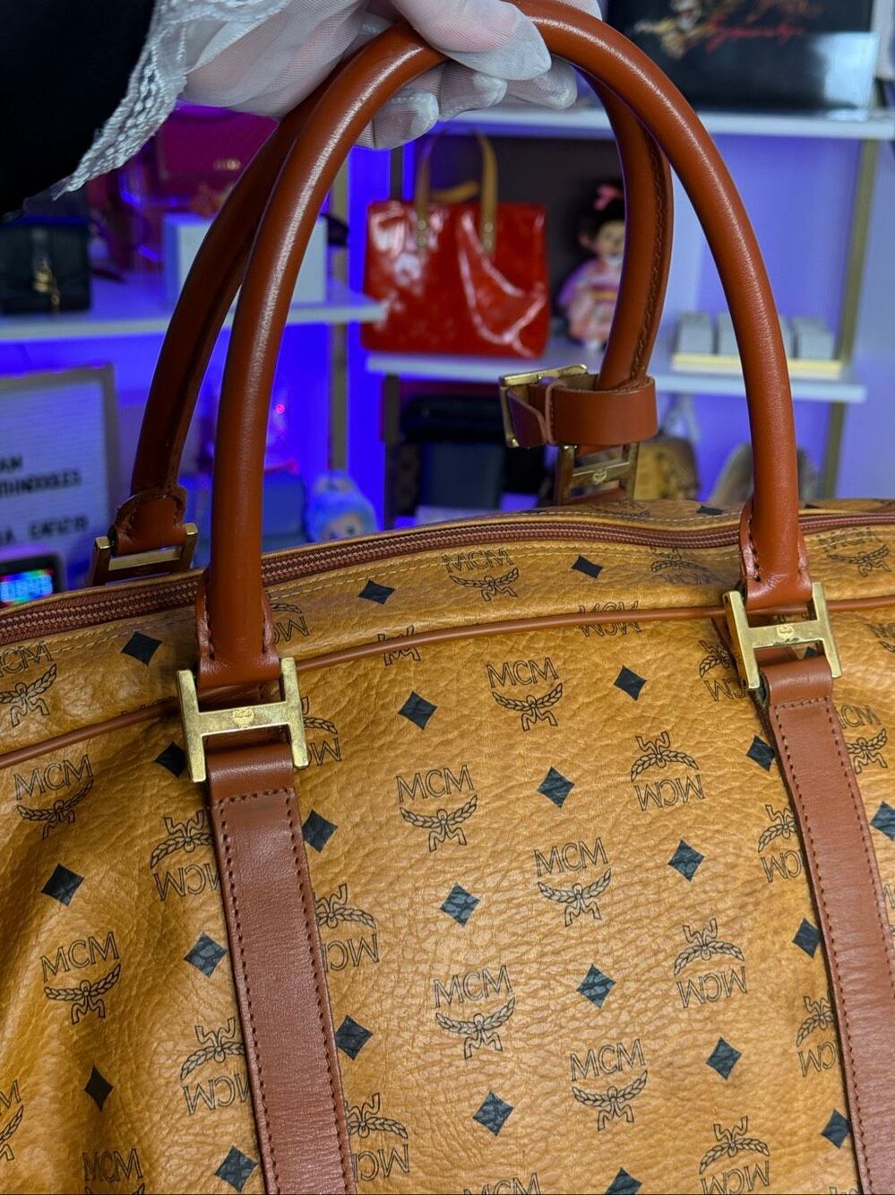 Mcm Viseto Cognac Leather Weekender Round Duffle Bag w/ handle coupler wrap 55cm - Picture 8 of 15